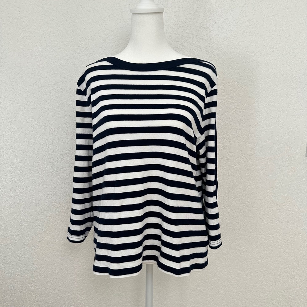 Chaps Classics Striped Top Womens XL White Navy Blue Lace Up Sleeve 100% Cotton